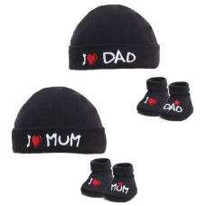 HB12-BLK: Black I ♡ Mum/Dad Hat & Bootee Set